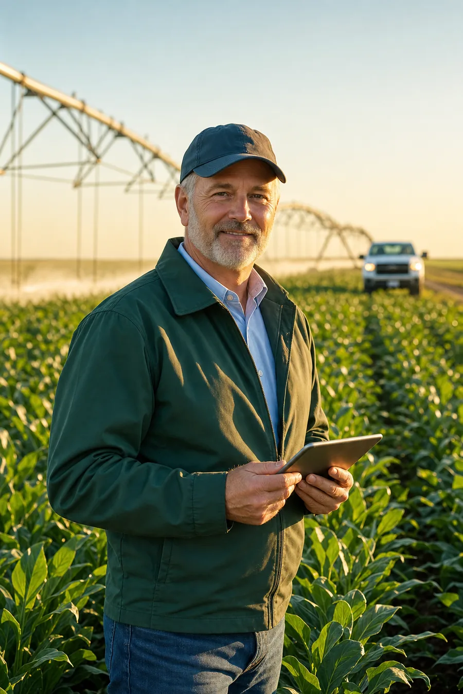 A farm owner checking irrigation data on a tablet in his field