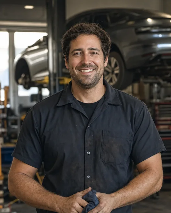 A mechanic servicing a wheel in a modern garage
