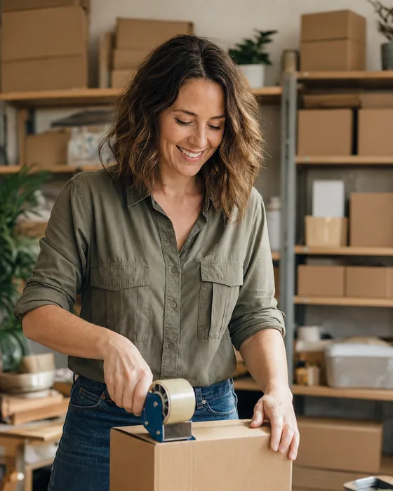 A smiling online store owner taping a shipping box at her packing table