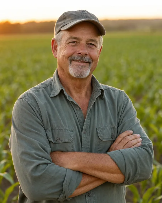 A farmer standing in a crop field at golden hour