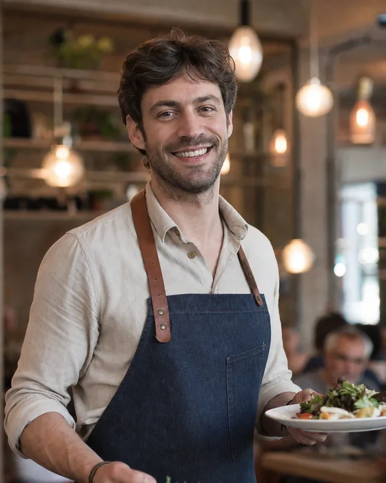 A chef plating a dish in a busy restaurant kitchen