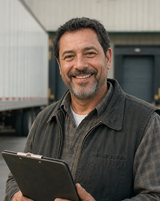 A truck driver with a clipboard at a warehouse loading dock