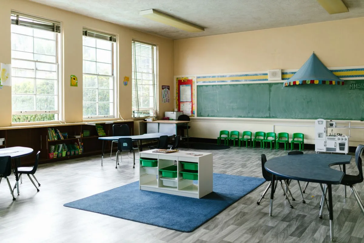 Bright classroom in warm sunlight